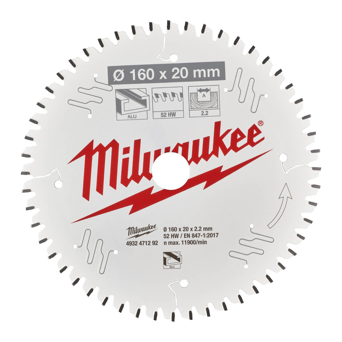 Диск пильный по алюминию MILWAUKEE 160x20x52Т замена 4932346511 (4932471292)